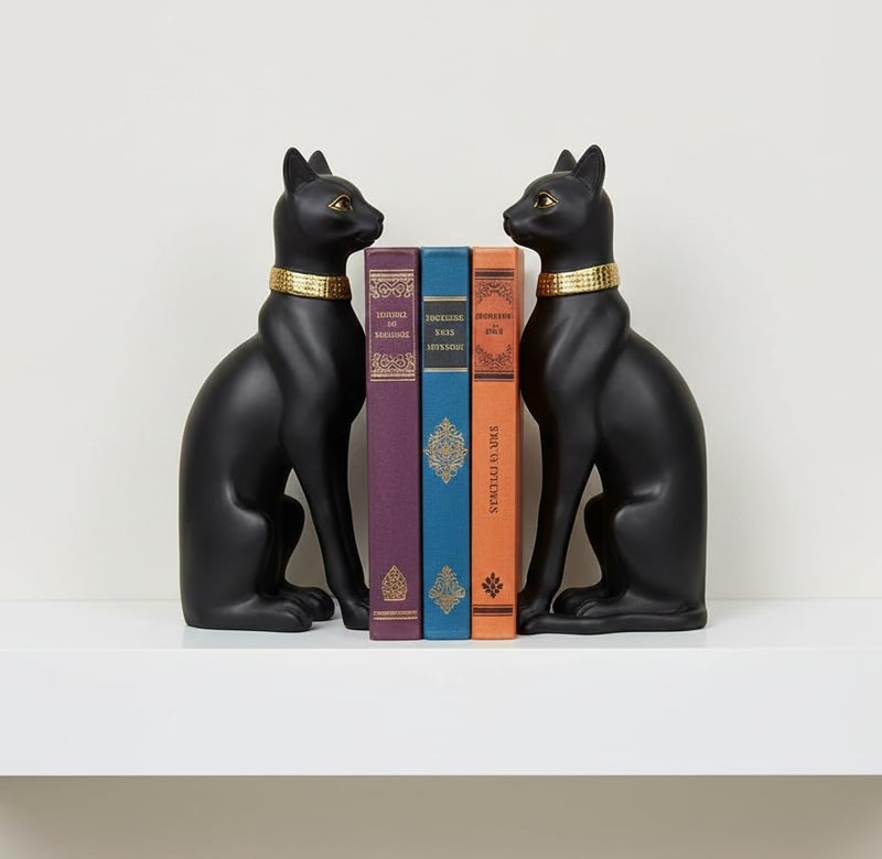 Comfy Hour 9" Egyptian Black Cat Bastet Bookends, Unique Decorative Ancient Goddess Statues for Shelves, Cat Book Ends, Vintage Ancient Novelty Home Office Decor, 1 Pair, Cat Lover Gift, Bast, Pharaoh - Image 2